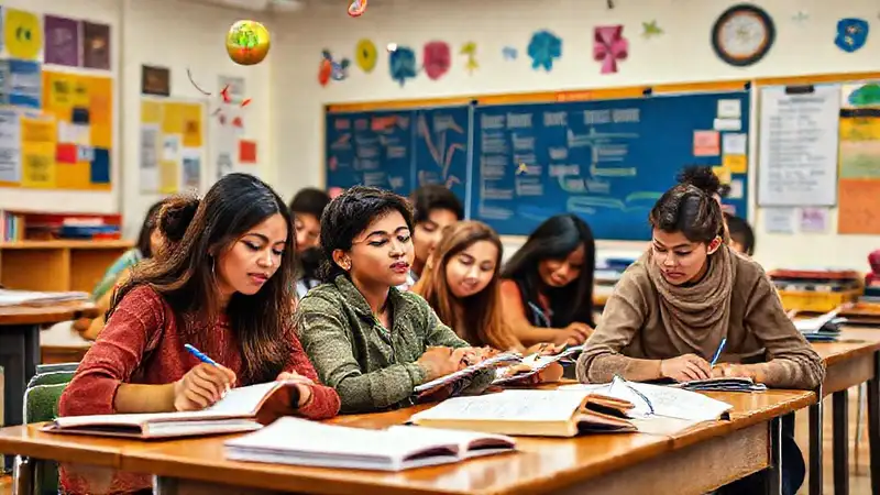 Estudiantes diversos escriben en aula motivadora