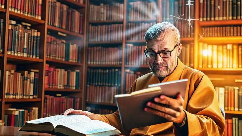 Estudioso con Biblia y tableta en biblioteca