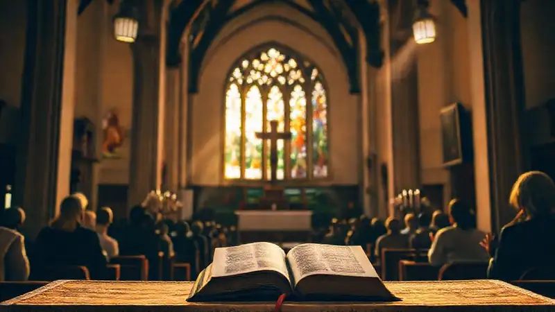 Altar y Biblia en ambiente espiritual cálido