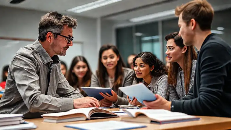 Aula universitaria de psicología con estudiantes colaborando