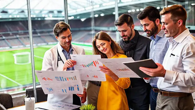 Sociólogos analizan datos deportivos en oficina moderna