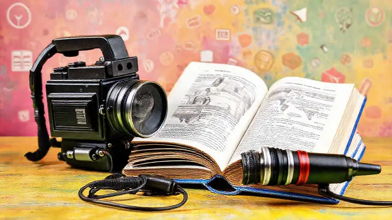 Cámara vintage, artefactos y estilo multimedia