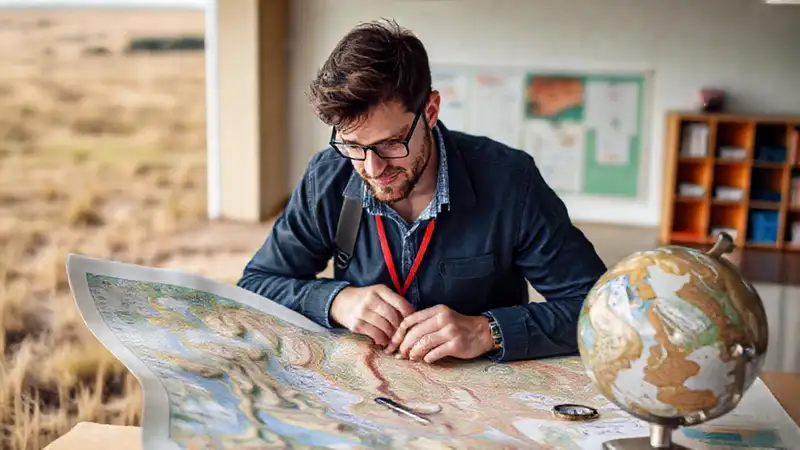 Investigador geográfico aprende con mapas y brújula