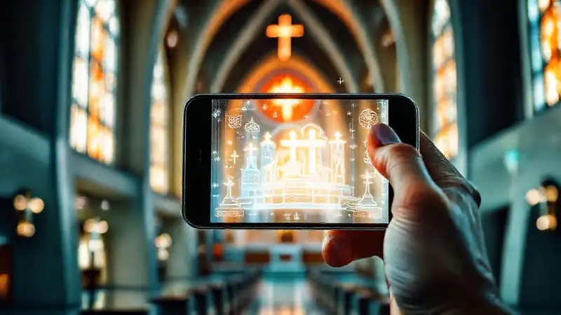 Teléfono con símbolos religiosos holográficos futuristas