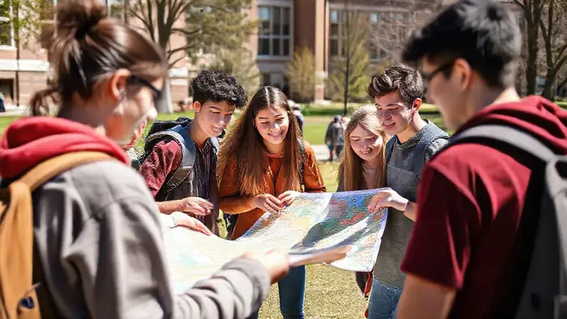 Estudiantes exploran mapas en campus universitario