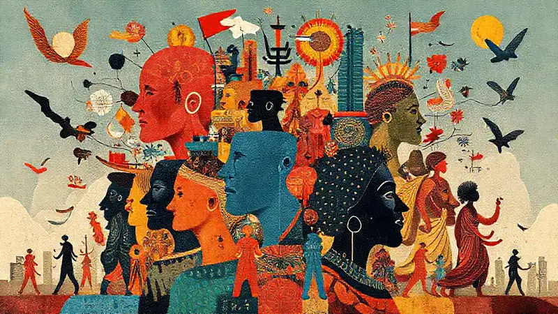 Símbolos culturales, figuras y colores vibrantes