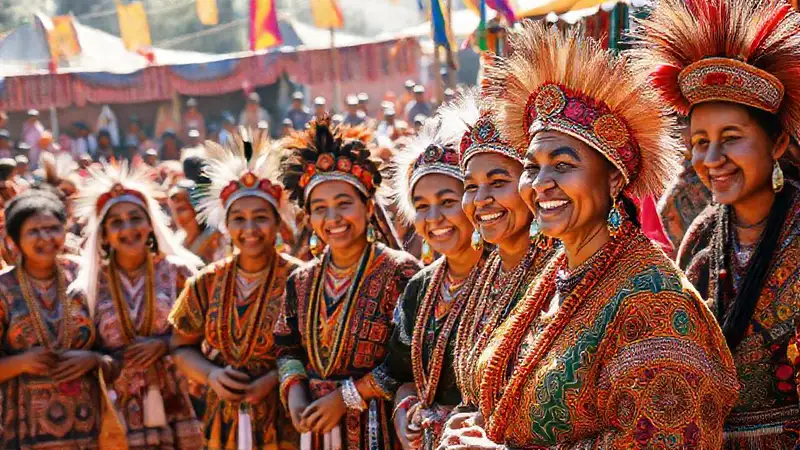 Pueblos indígenas en festival colorido y alegre