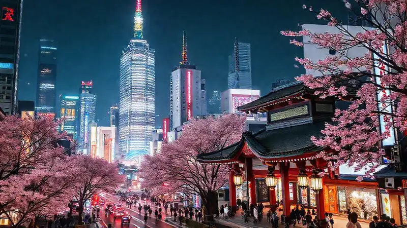 Ciudad japonesa moderna con tradición y neón