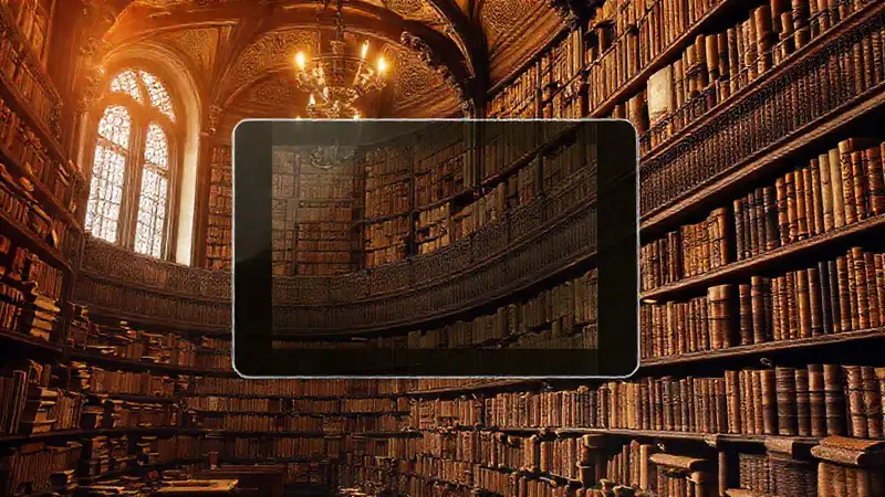Libros antiguos y moderna tablet en biblioteca
