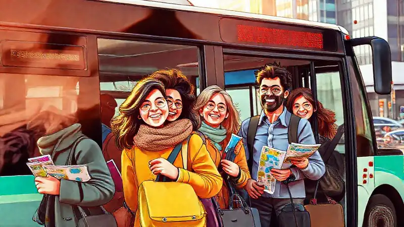 Personas diversas abordando autobús en ciudad moderna