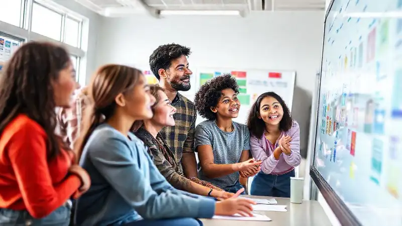 Estudiantes colaboran con tecnología en aula moderna