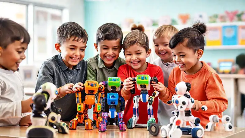 Niños colaboran con robots en aula vibrante