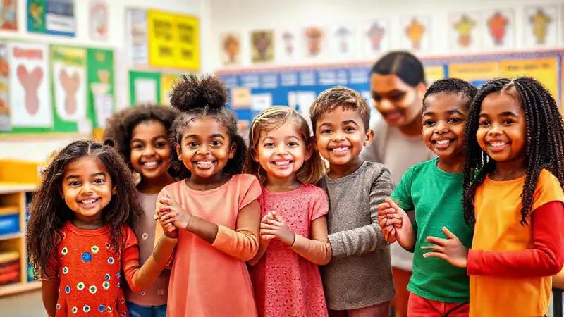 Niños sonrientes en aula inclusiva y vibrante