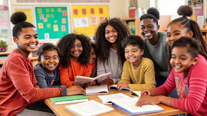Estudiantes colaboran en aula inclusiva y positiva
