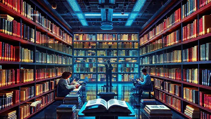 Biblioteca futurista con libros y tecnología brillante
