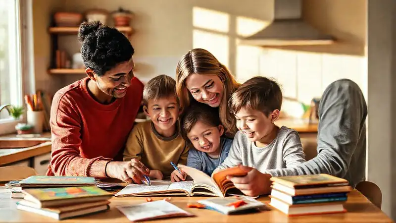 Familia estudiando junta en ambiente cálido