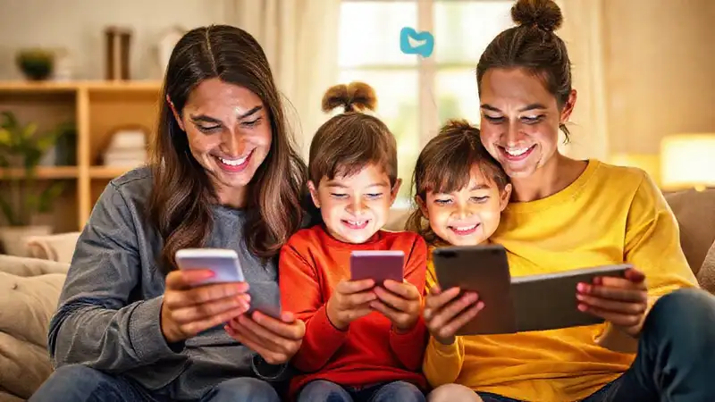 Familia conectada y feliz con tecnología