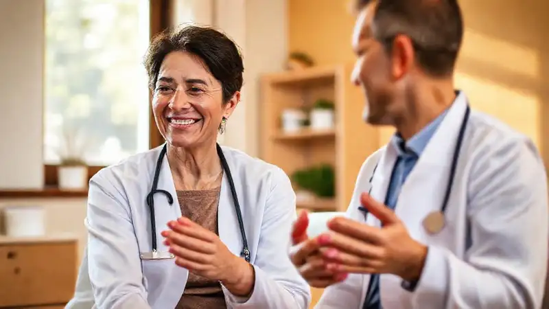 Doctor atento y paciente en clínica cálida