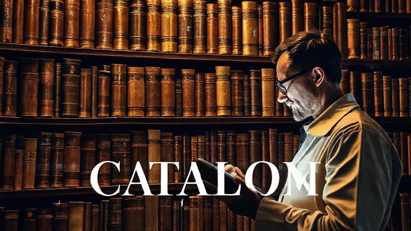 Estantería antigua con catálogo digital y investigador