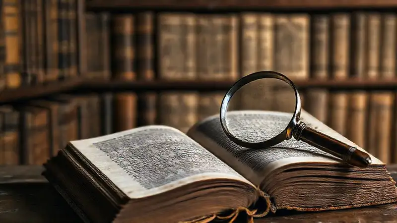 Libro antiguo con notas y lupa