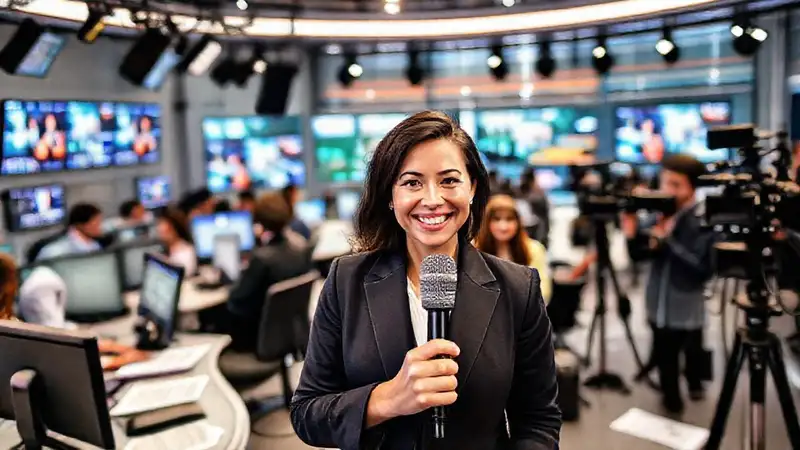 Periodista sonriente en sala de prensa vibrante