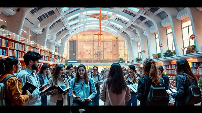 Campus futurista con estudiantes y aprendizaje diverso