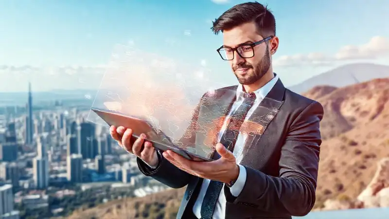Geógrafo con tecnología futurista y mapas digitales