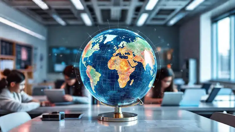 Estudiantes aprendiendo geografía con tecnología moderna