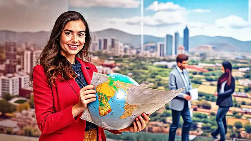 Joven confiada con mapa y mundo en mano