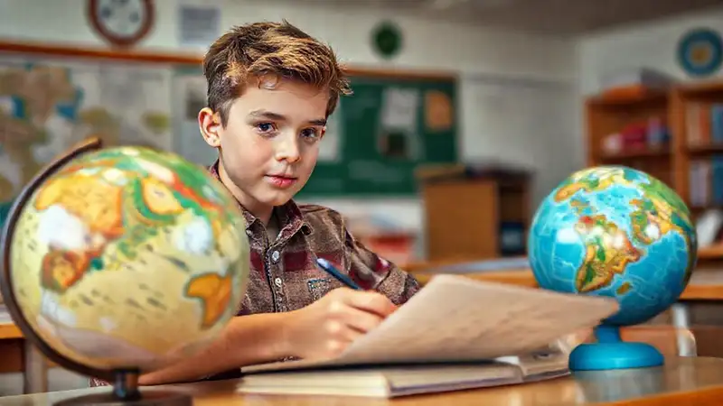 Estudiante estudia geografía en aula con mapas