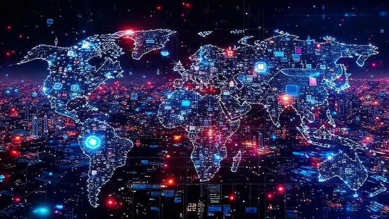 Mapa digital global con tecnología y monumentos