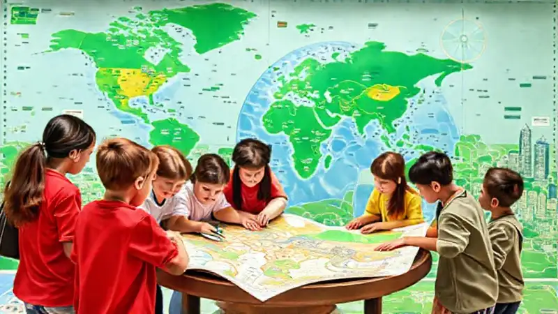 Mapa del mundo y estudiantes aprendiendo