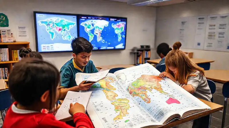 Estudiantes aprenden con mapas y tecnología moderna