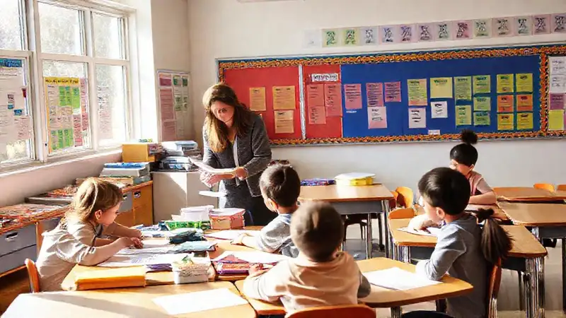 Aula organizada con estudiantes y materiales claros