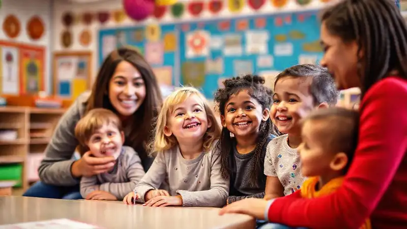 Niños felices en aula inclusiva y colorida