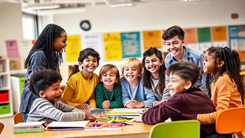 Estudiantes diversos colaboran en aula inclusiva