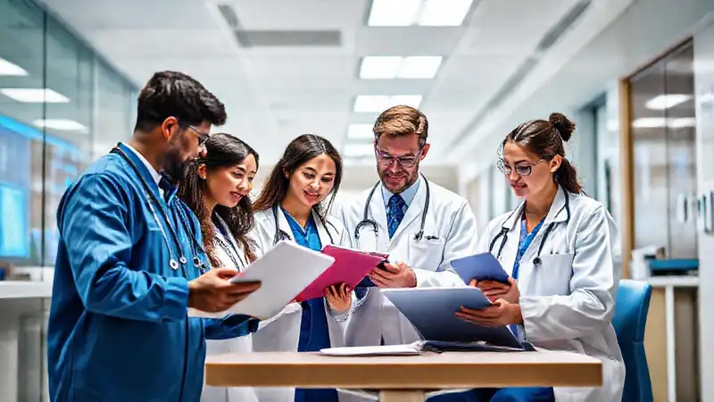 Estudiantes de medicina y profesionales colaborando en salud