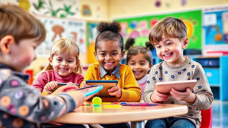 Aula primaria moderna y alegre con tecnología