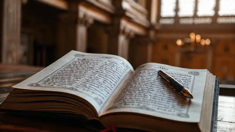 Libro teológico con símbolos y pluma elegante