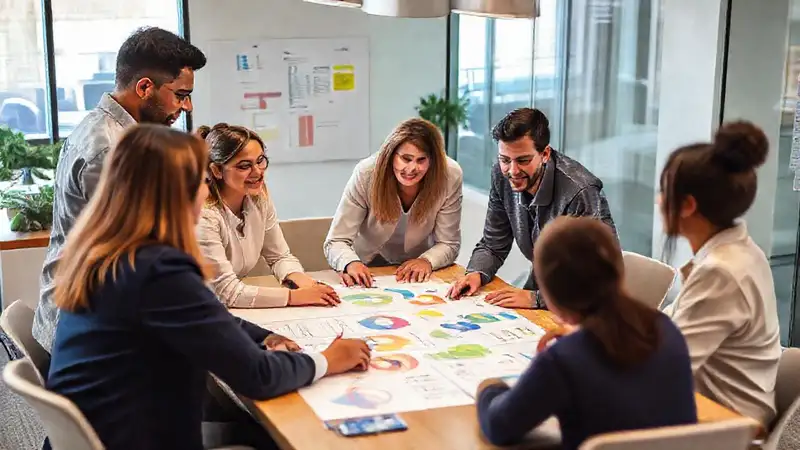 Equipo colaborando con gráficos en oficina moderna
