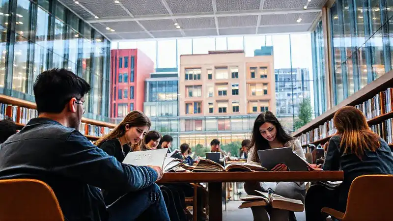 Estudiantes en biblioteca moderna, ambiente inspirador