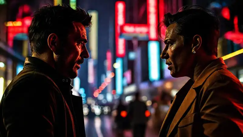 Escena dramática intensa en ciudad nocturna