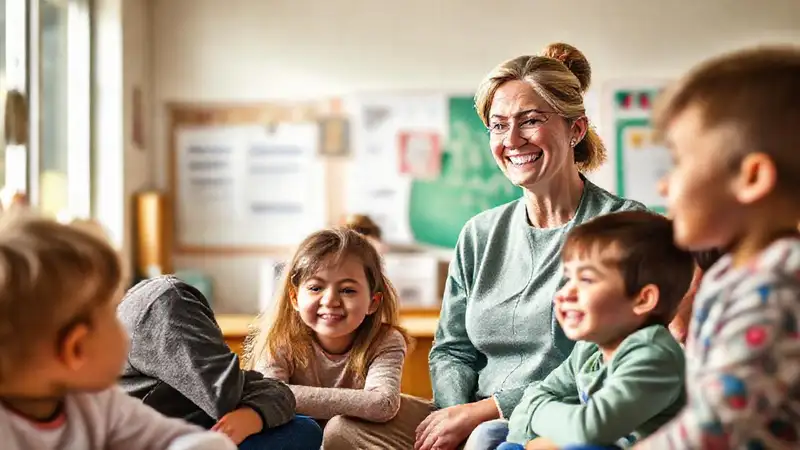 Maestra dedicada inspira a niños en aula cálida