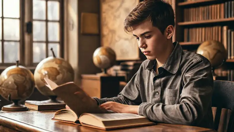 Estudiante leyendo en biblioteca antigua