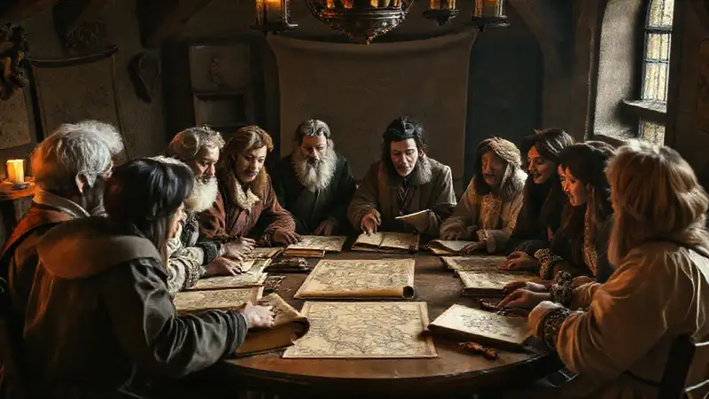 Grupo histórico discutiendo con mapas y libros