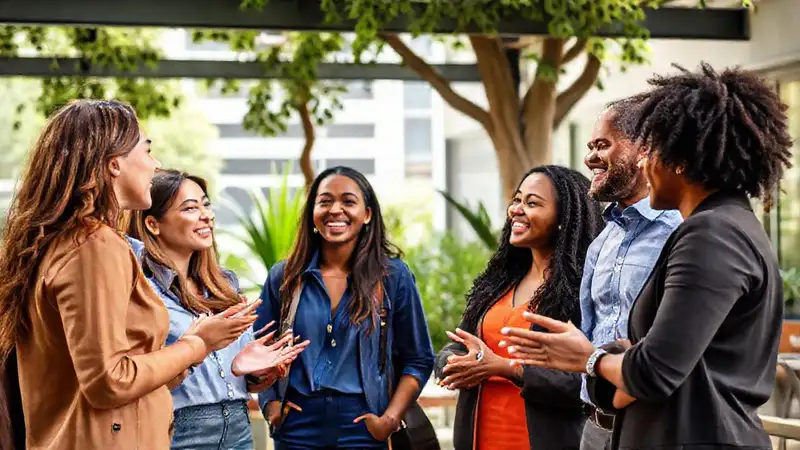 Equipo diverso y colaborativo en entorno ecológico urbano