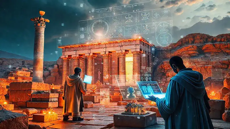 Ruinas antiguas fusionadas con tecnología futurista
