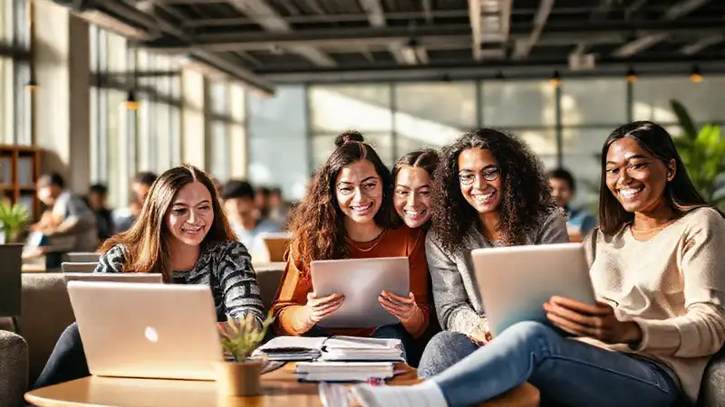 Estudiantes felices y motivados en estudio moderno