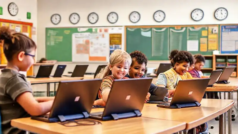 Estudiantes diversos aprenden en ambiente inclusivo y moderno