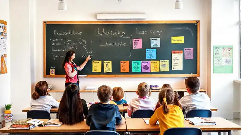 Maestro enseña en aula vibrante y educativa